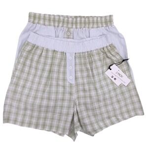 2 Cotton Sleep Shorts Women (M) Pajama Boxer Pockets Green Gingham & Blue Stripe